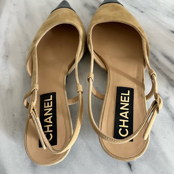 Chanel Slingback Kitten Heel Patent Suede Pointed Black & Beige - Picture 5 of 5